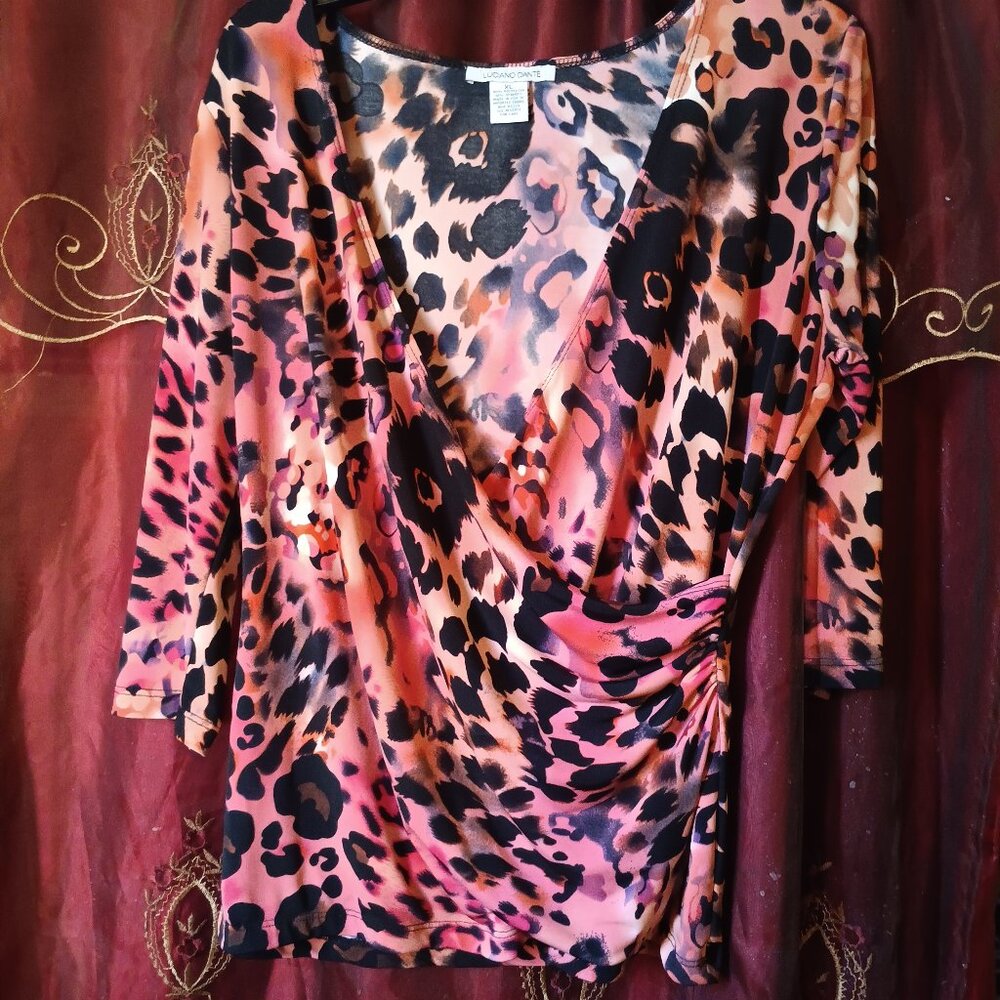 LUCIANO DANTE PINK LEOPARD 3/4 SLEEVE WRAP TOP SIZE XL